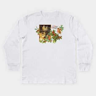 Merry Christmas Cats Vintage Retro CottageCore With Bird Kids Long Sleeve T-Shirt
